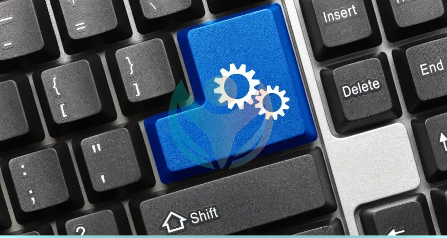 Teclado conceptual: tecla azul con símbolo de engranaje